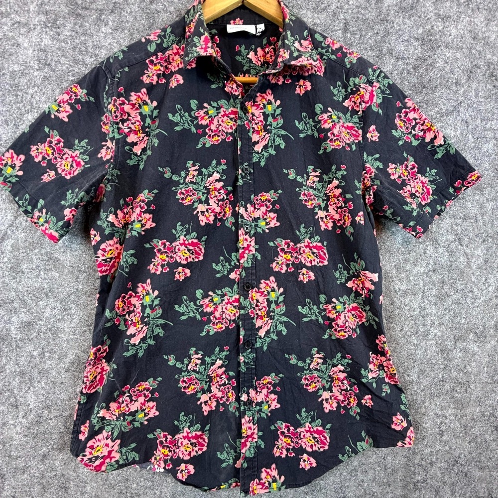 Asos Design Shirt Mens‎ Large Black Pink Floral Short Sleeve Summer Button Up